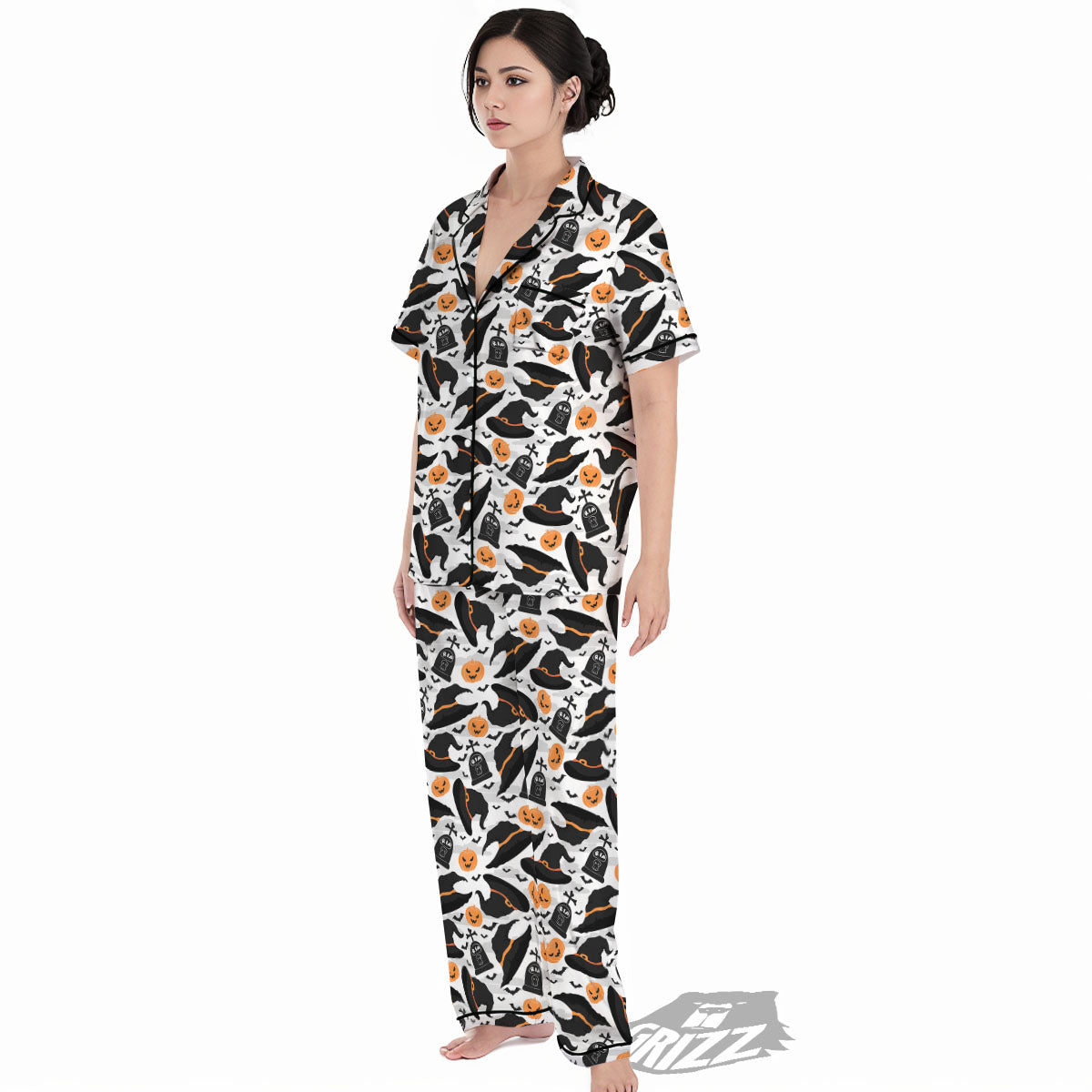 Pumpkin Witch Halloween Print Pattern Women's Pajamas Set-grizzshop