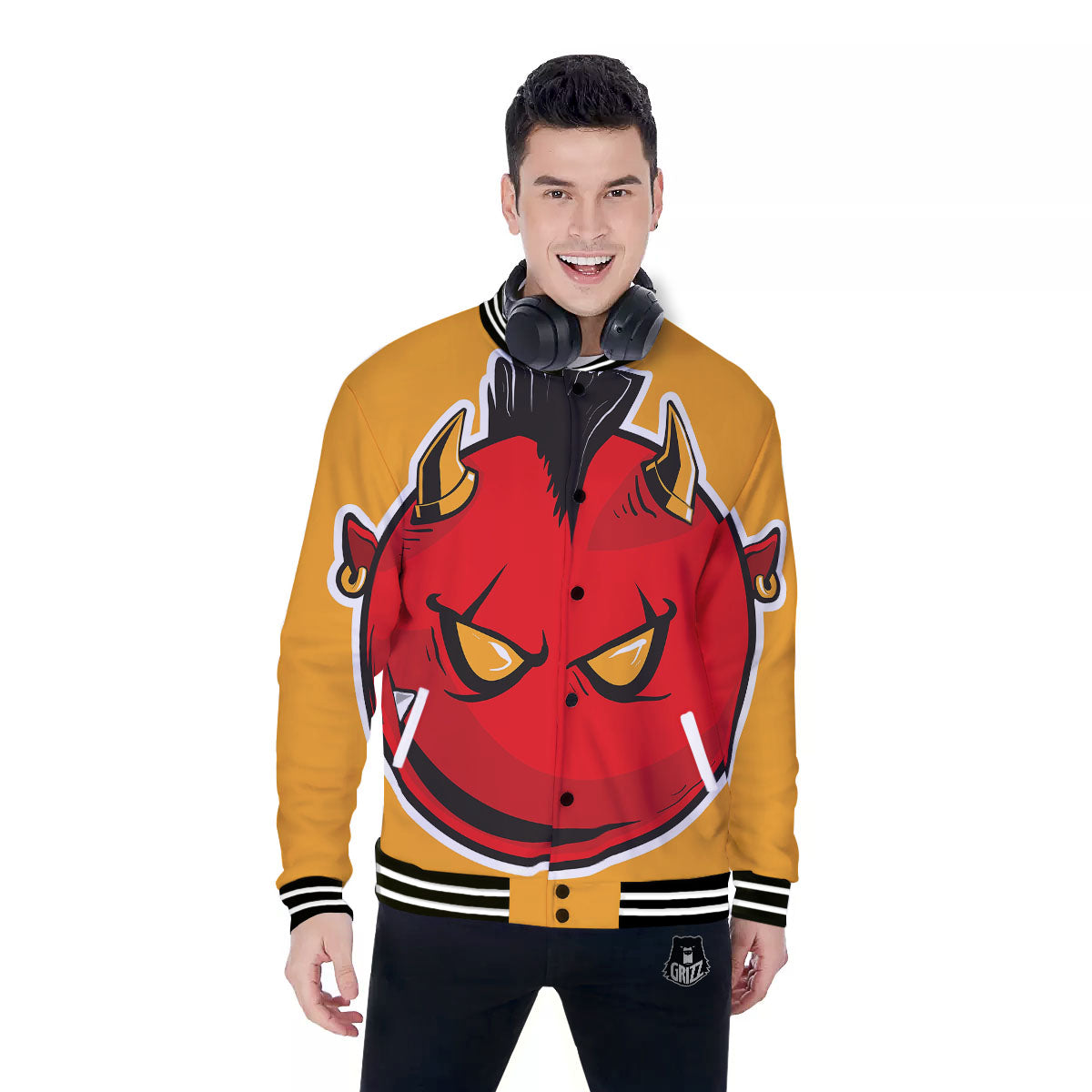 Punk Devil Mohawk Print Baseball Jacket-grizzshop