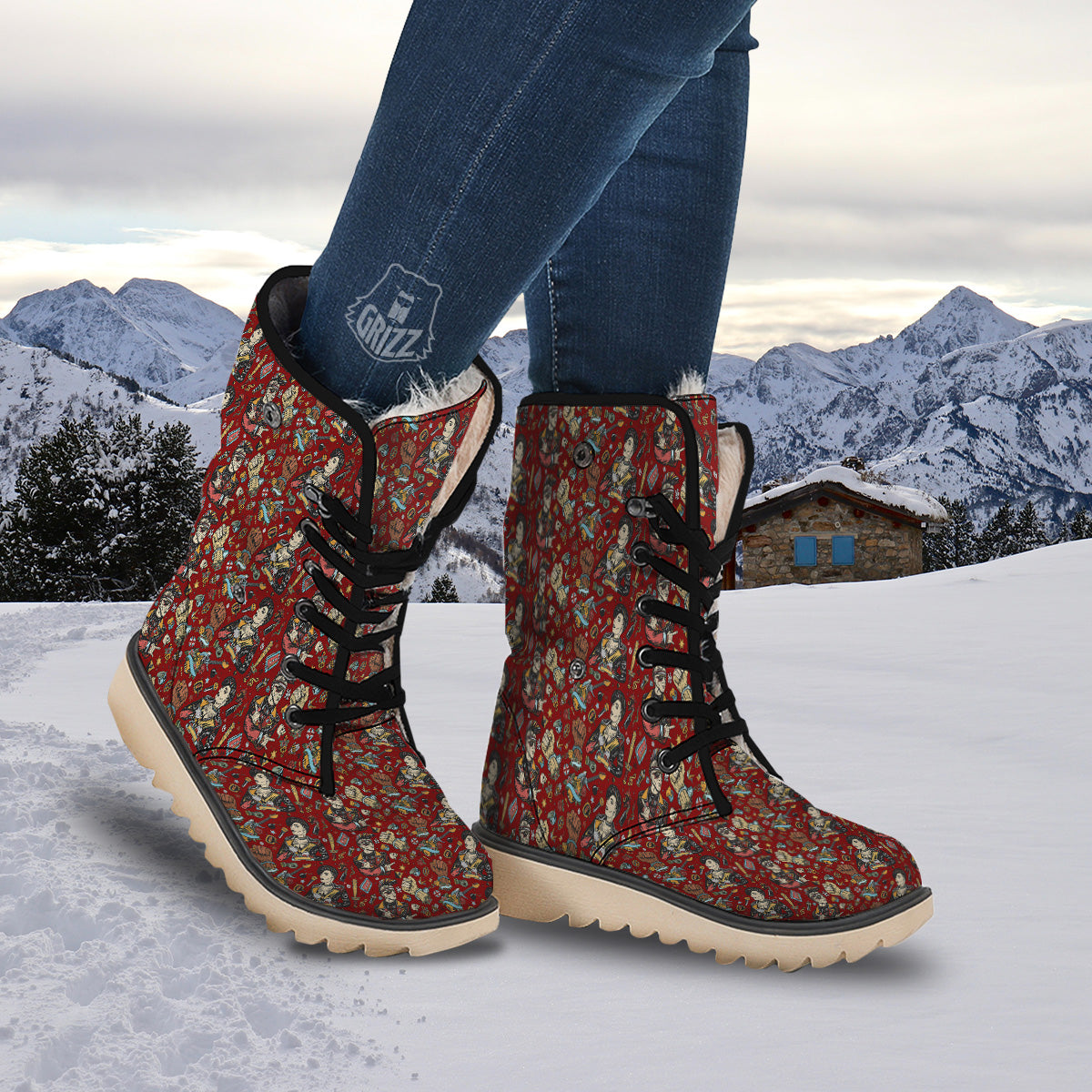Punk Girl Lifestyle Tattoo Print Pattern Snow Boots-grizzshop