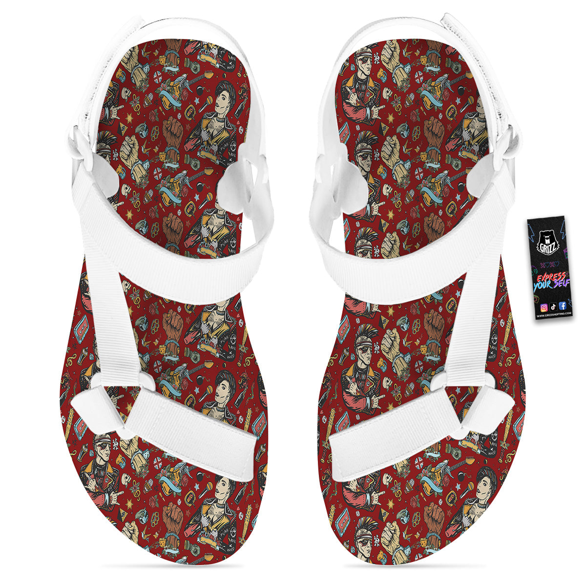 Punk Girl Lifestyle Tattoo Print Pattern White Open Toe Sandals-grizzshop