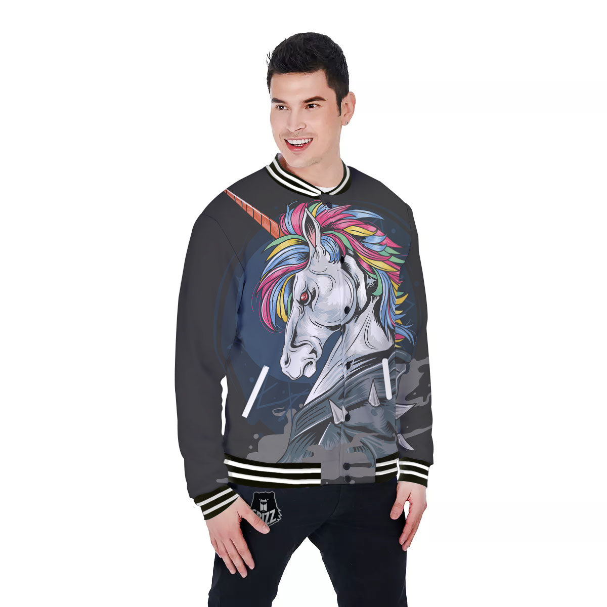 Punk Unicorn Print Baseball Jacket-grizzshop