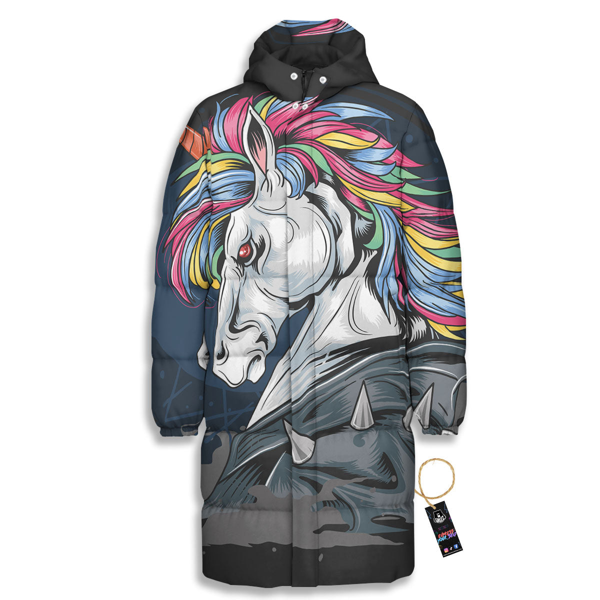 Punk Unicorn Print Long Down Jacket-grizzshop