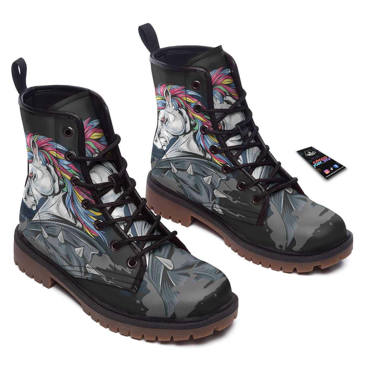 Punk Unicorn Print Work Boots-grizzshop