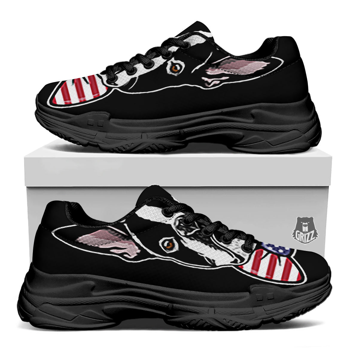 Puppy Faces Boston Terrier Print Black Chunky Shoes-grizzshop