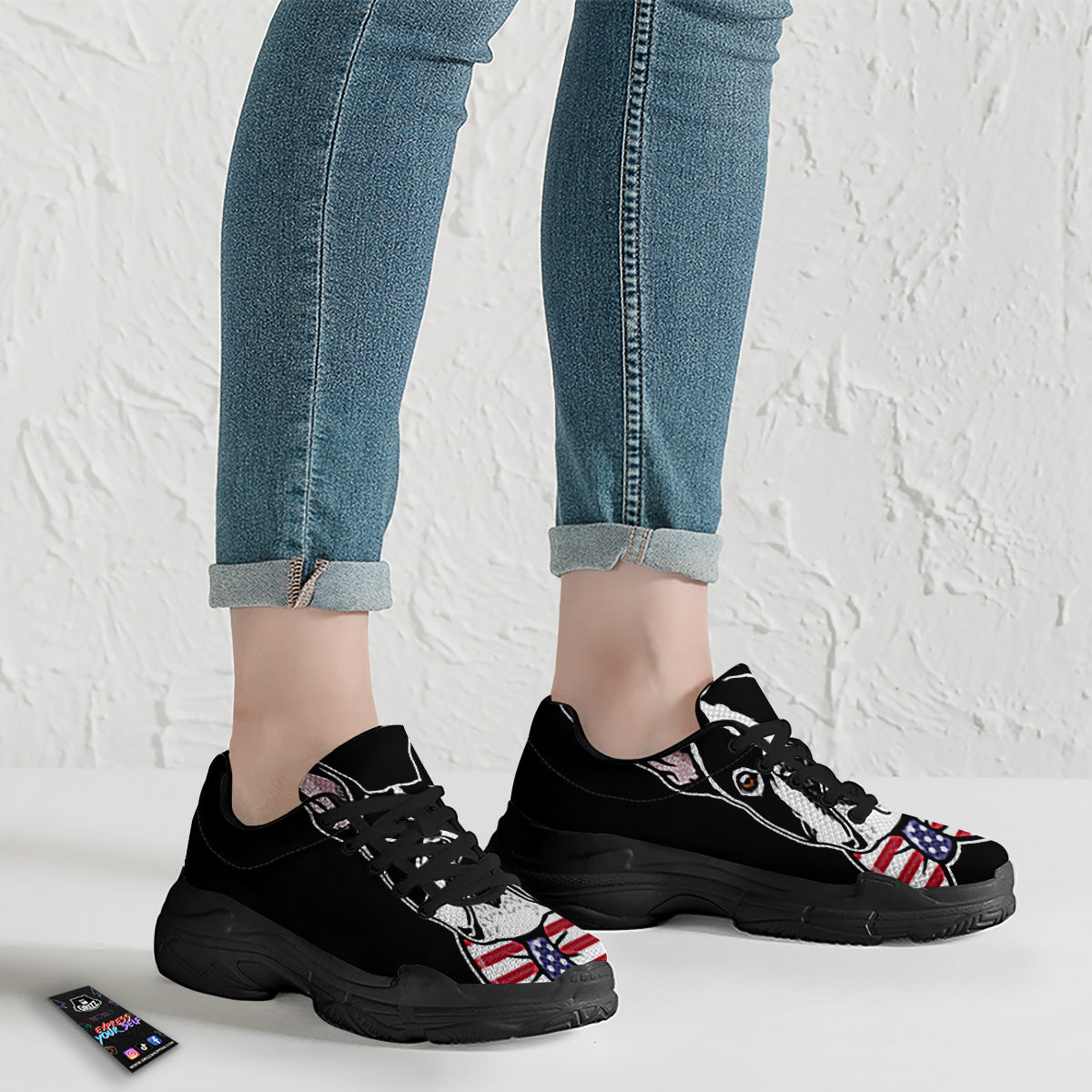 Puppy Faces Boston Terrier Print Black Chunky Shoes-grizzshop