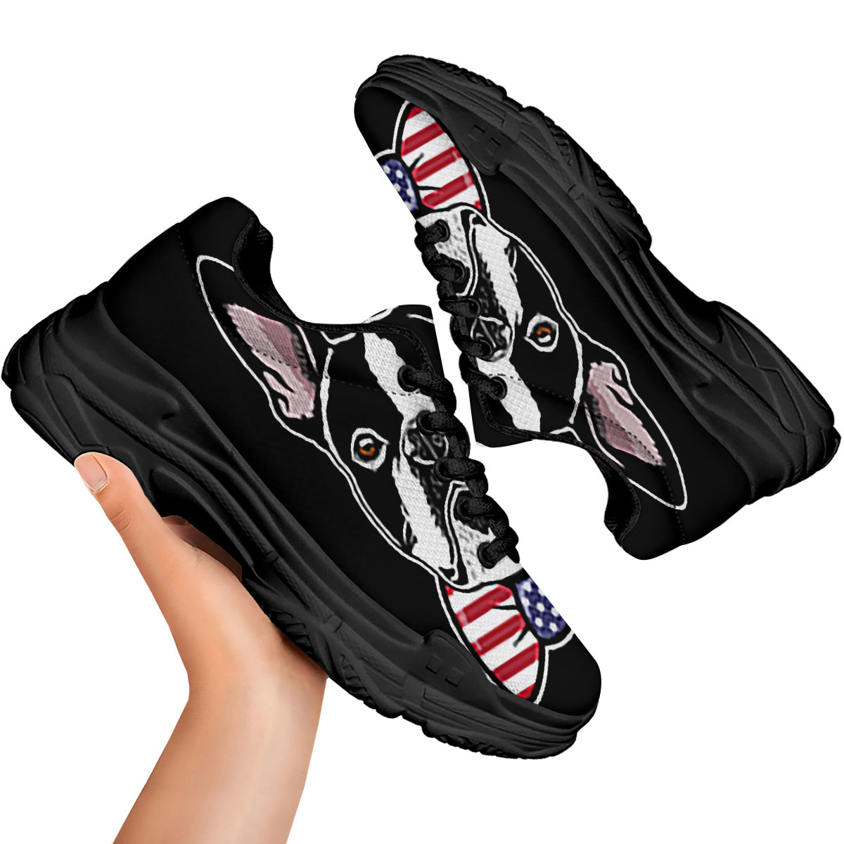 Puppy Faces Boston Terrier Print Black Chunky Shoes-grizzshop