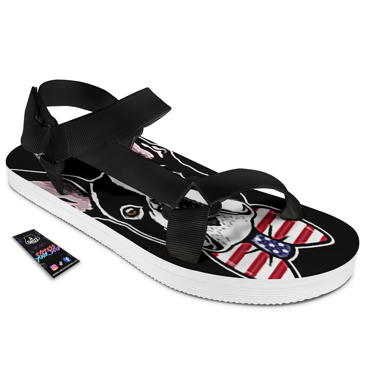 Puppy Faces Boston Terrier Print Black Open Toe Sandals-grizzshop