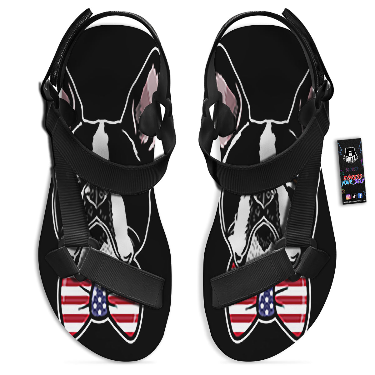 Puppy Faces Boston Terrier Print Black Open Toe Sandals-grizzshop