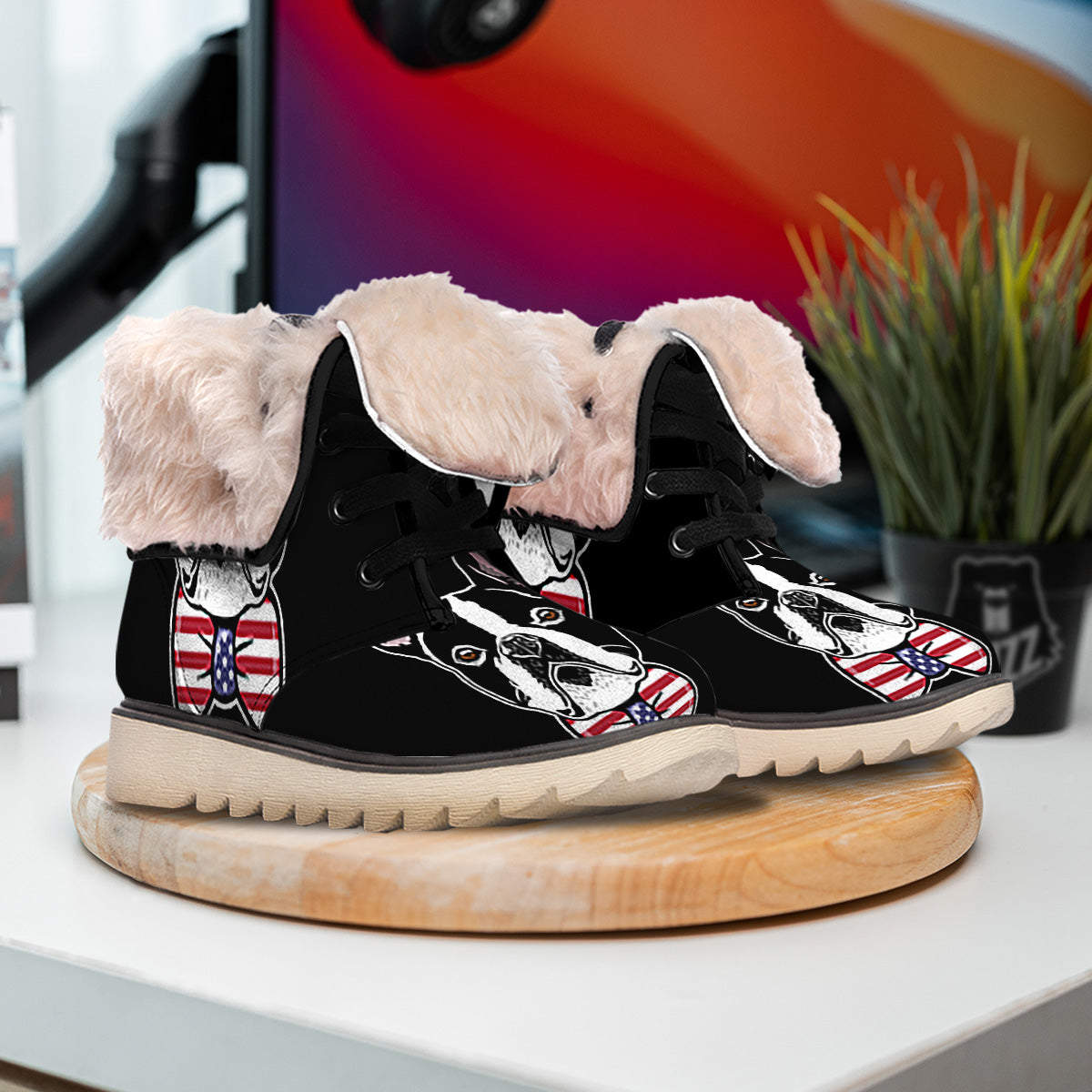 Puppy Faces Boston Terrier Print Snow Boots-grizzshop