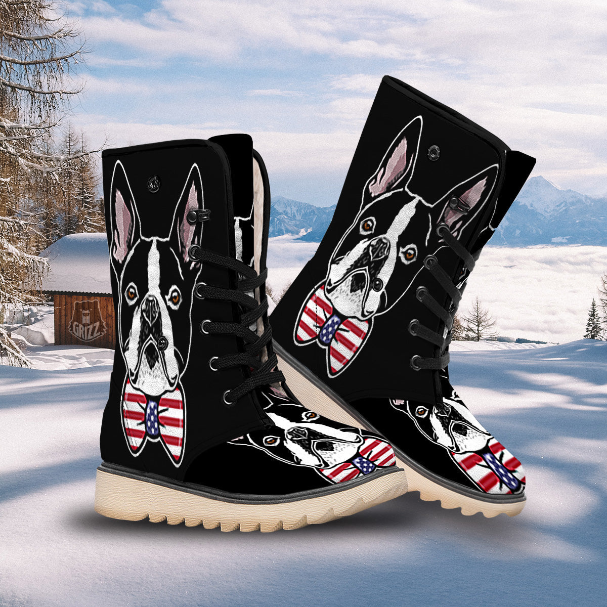 Puppy Faces Boston Terrier Print Snow Boots-grizzshop