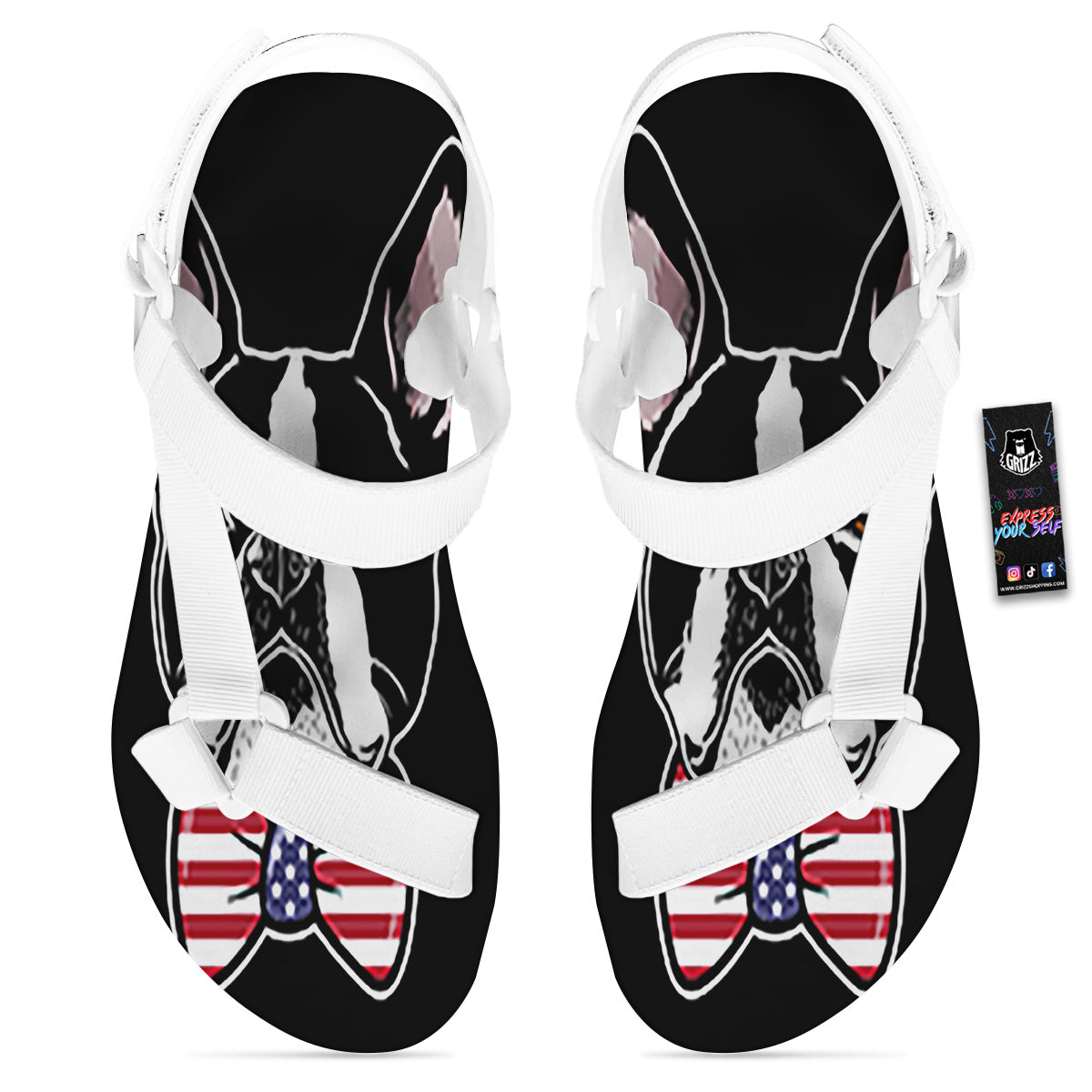 Puppy Faces Boston Terrier Print White Open Toe Sandals-grizzshop