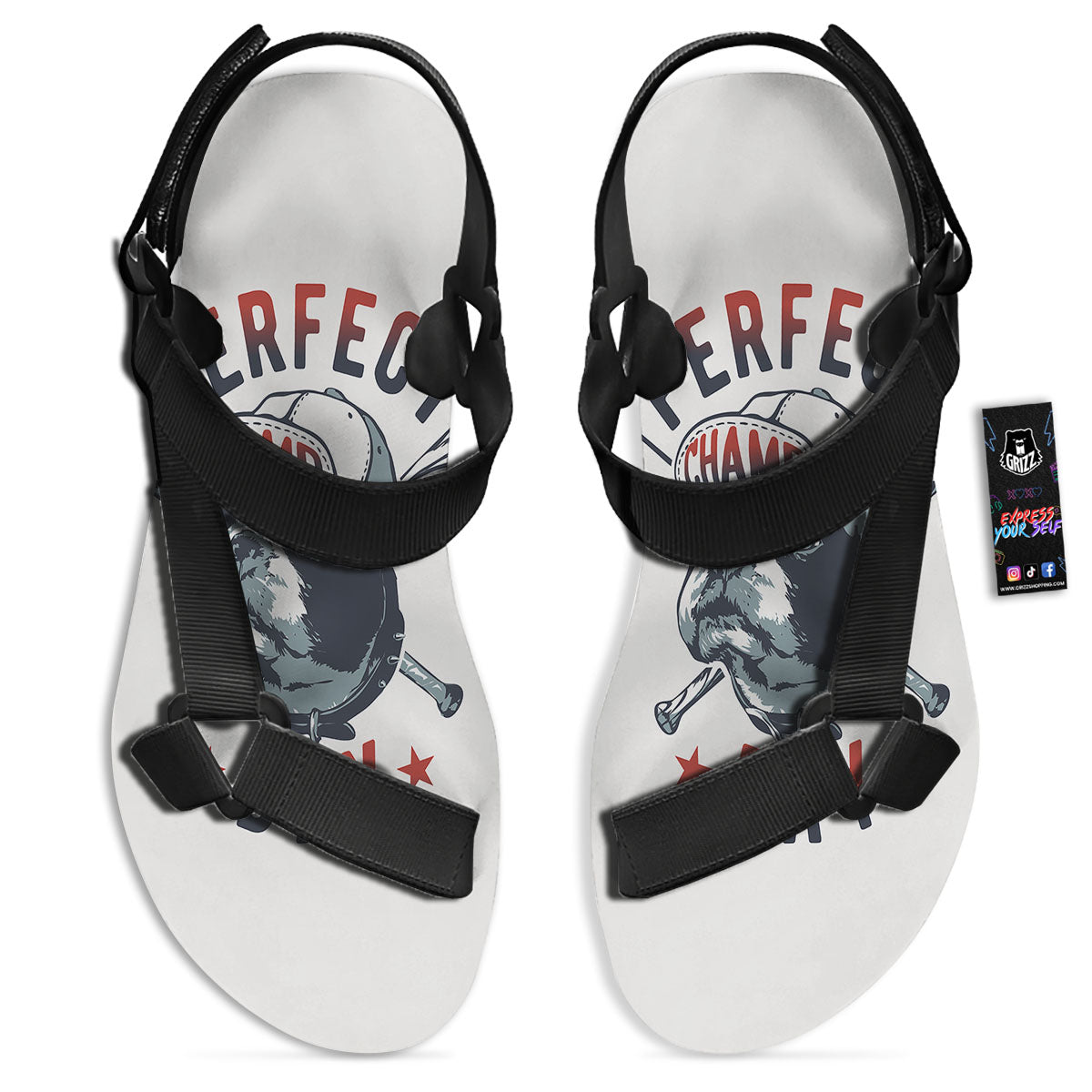 Puppy French Bulldog And Baseball Print Black Open Toe Sandals-grizzshop