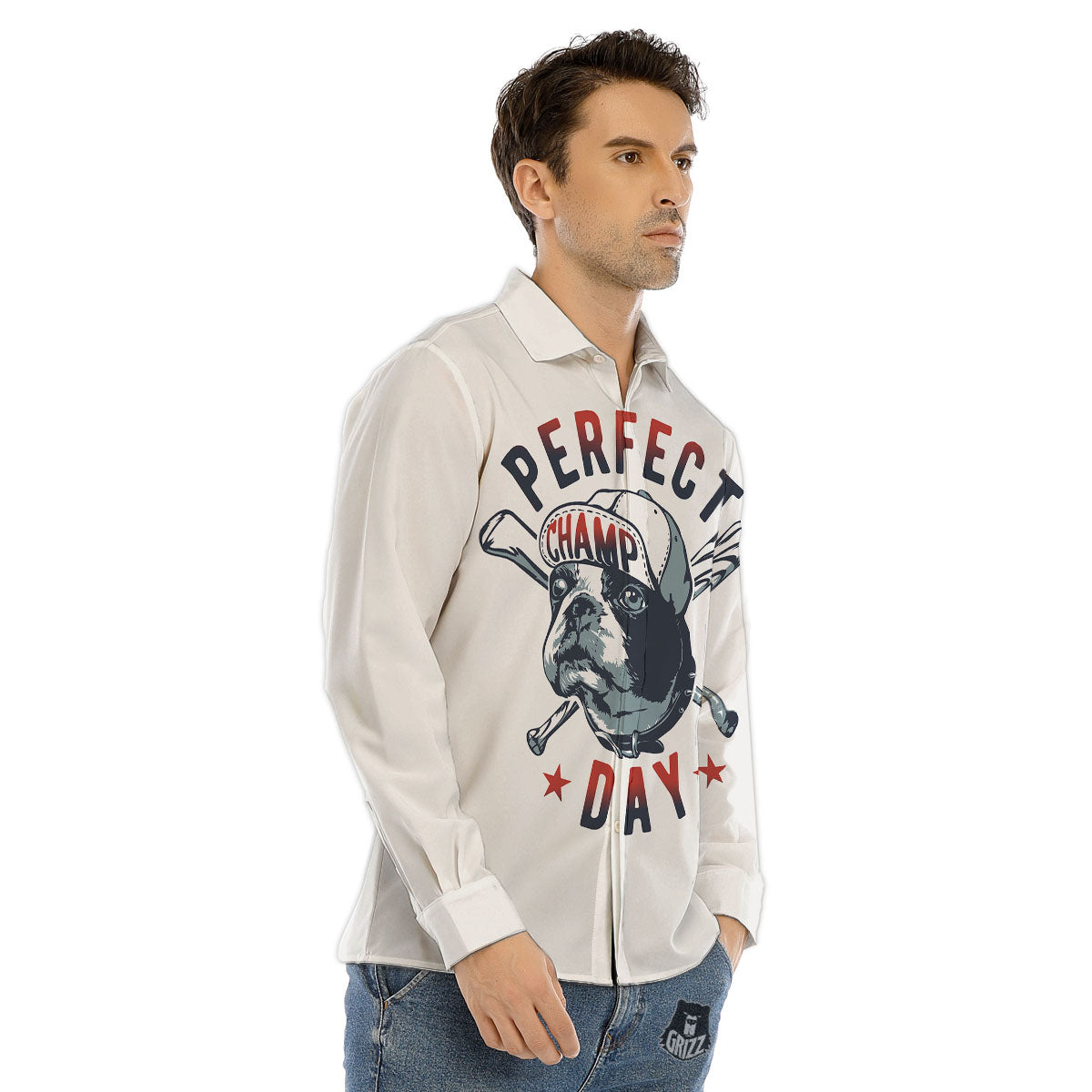 Puppy French Bulldog And Baseball Print Men's Dress Shirts-grizzshop