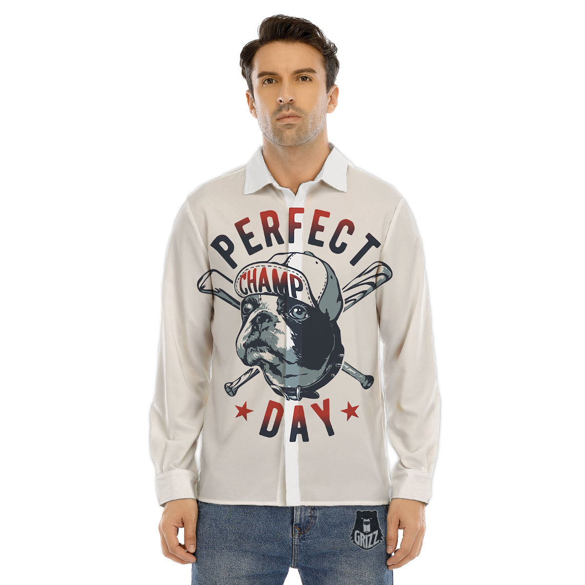 Puppy French Bulldog And Baseball Print Men's Dress Shirts-grizzshop