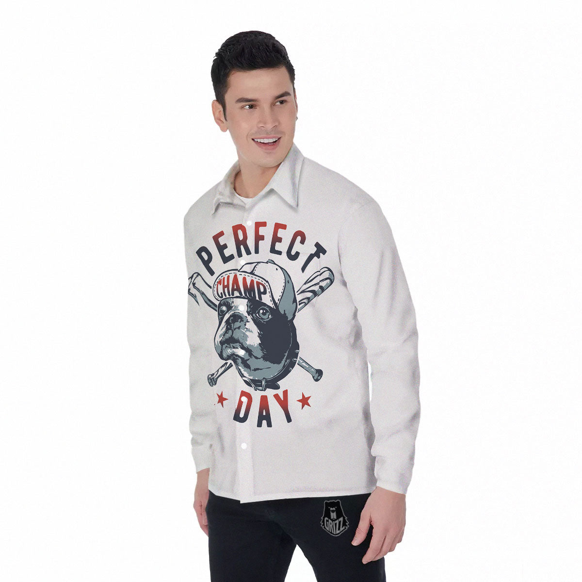 Puppy French Bulldog And Baseball Print Men's Long Sleeve Shirts-grizzshop