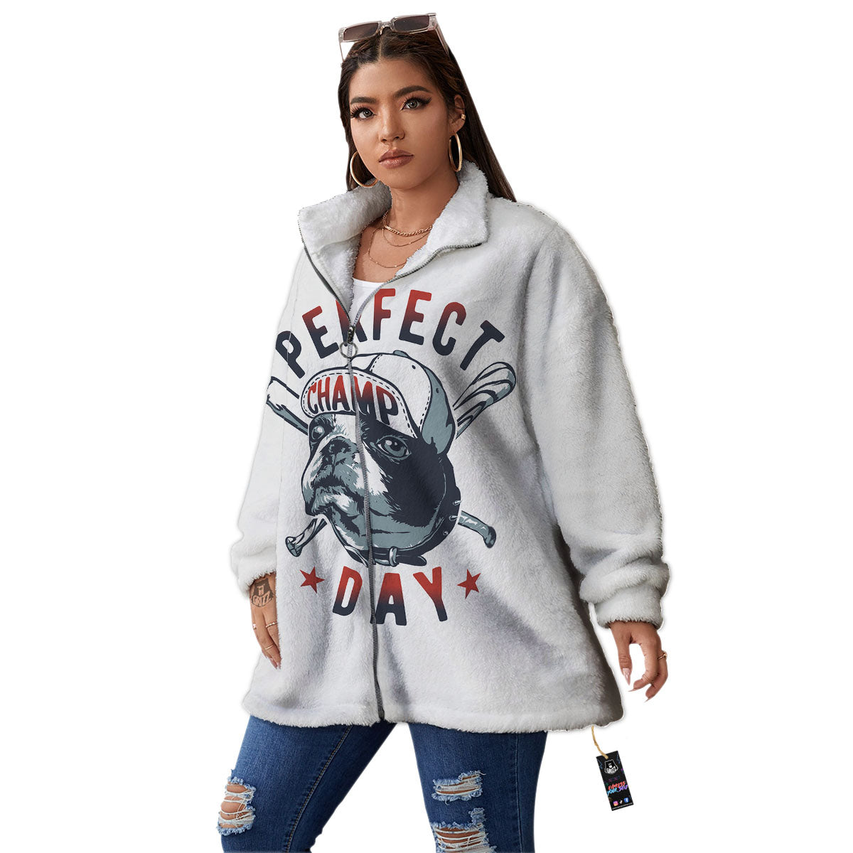 Puppy French Bulldog And Baseball Print Women's Sherpa Jacket-grizzshop