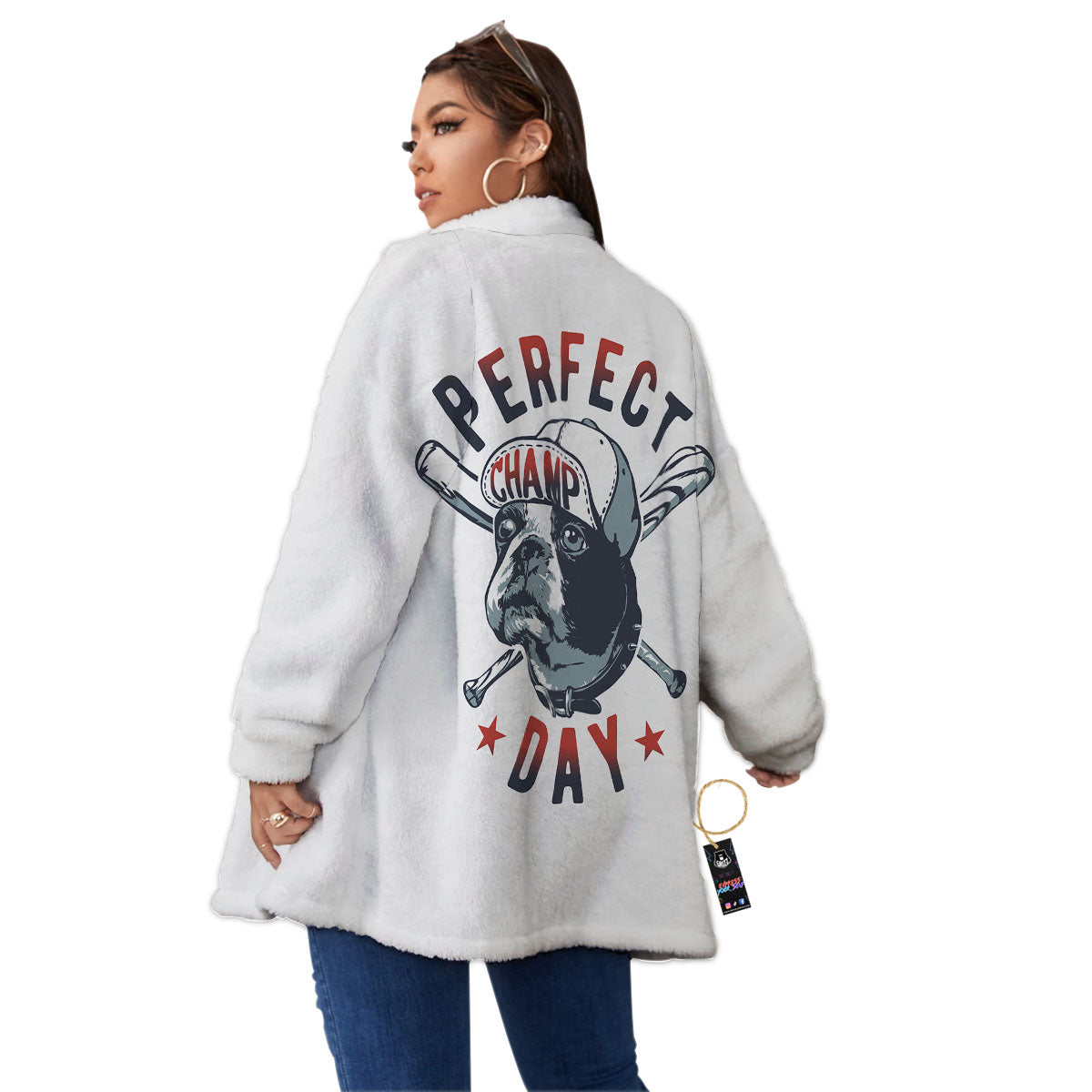 Puppy French Bulldog And Baseball Print Women's Sherpa Jacket-grizzshop