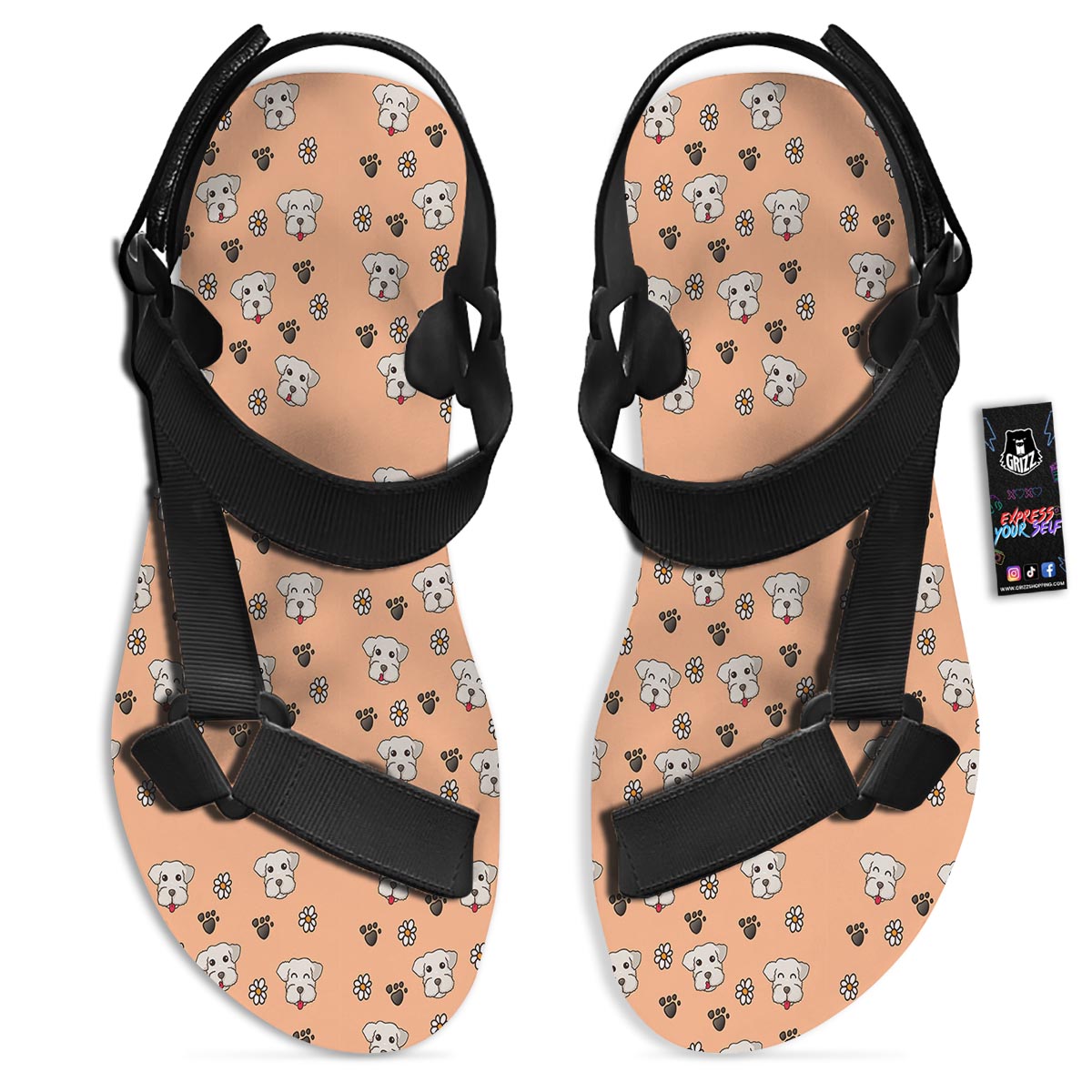 Puppy Shih Tzu Print Pattern Black Open Toe Sandals-grizzshop