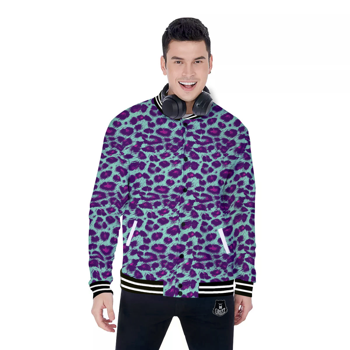 Purple And Blue Neon Leopard Print Baseball Jacket-grizzshop