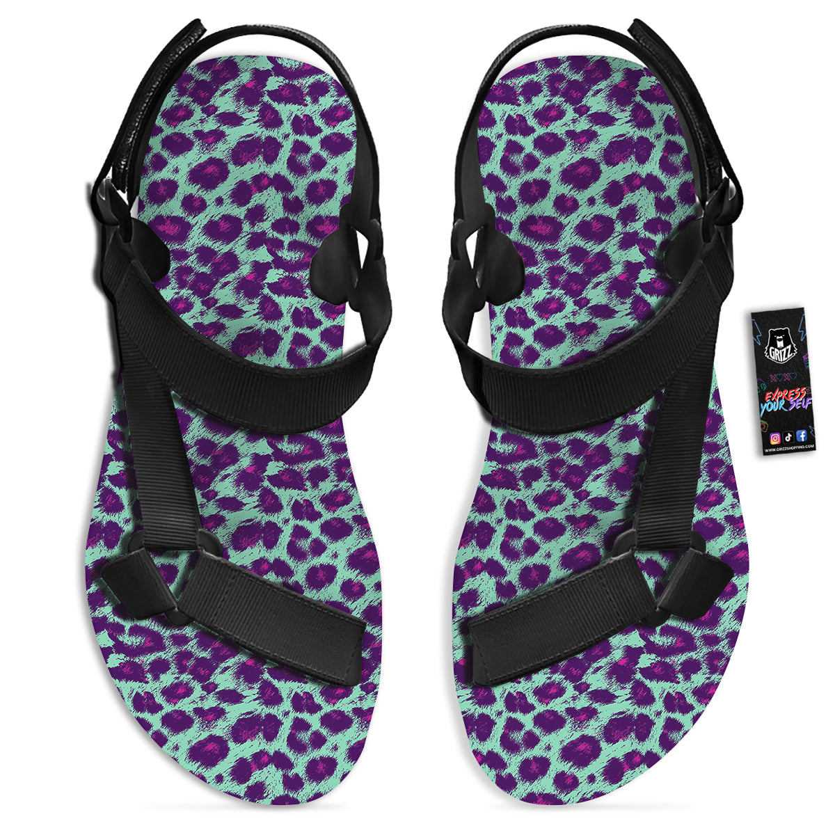 Purple And Blue Neon Leopard Print Black Open Toe Sandals-grizzshop