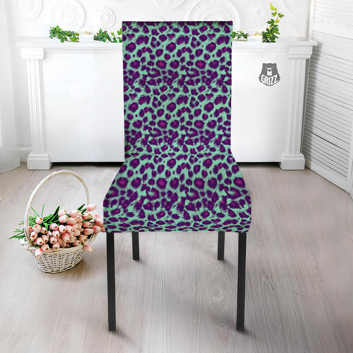 Purple And Blue Neon Leopard Print Dining Chair Slipcover-grizzshop