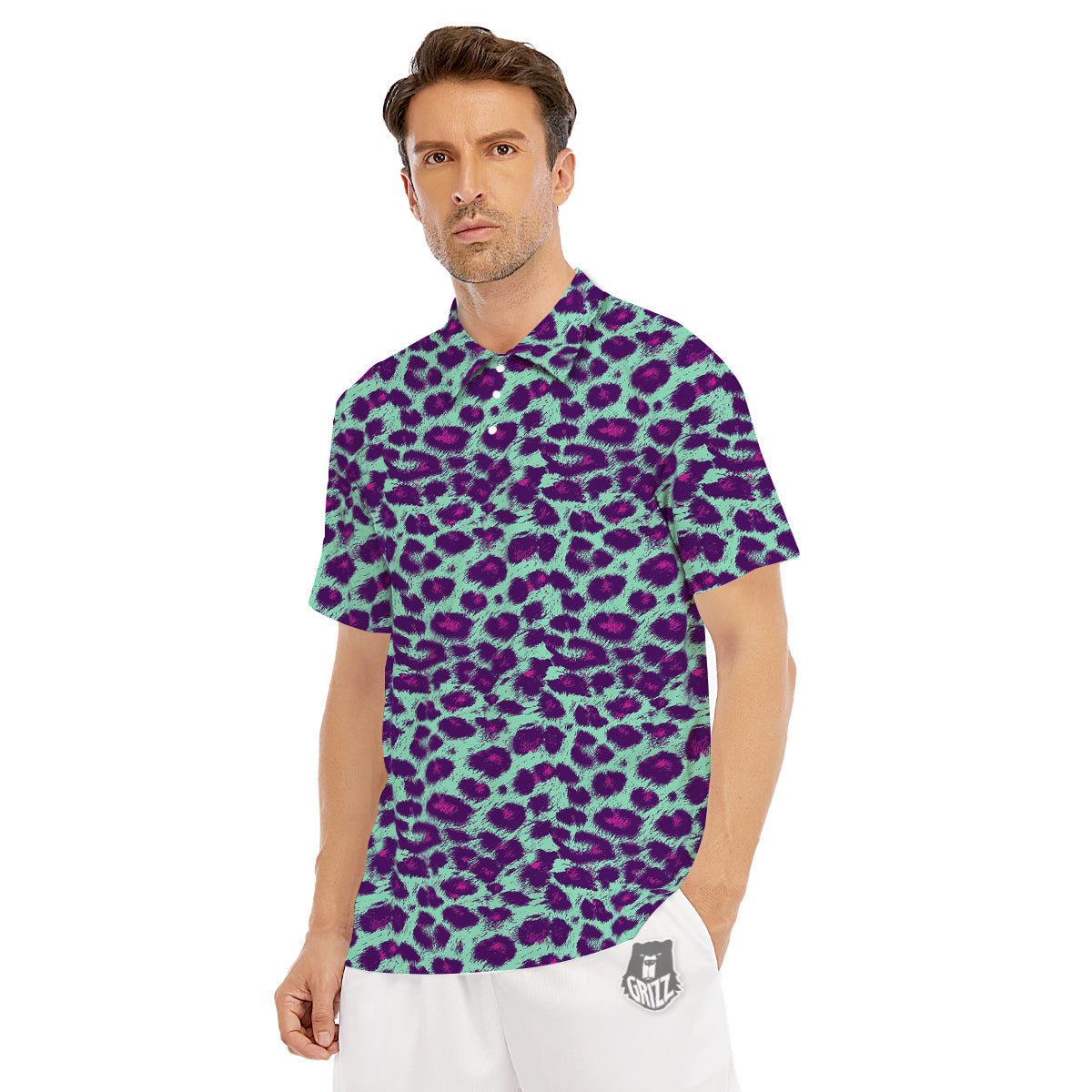 Purple And Blue Neon Leopard Print Men's Golf Shirts-grizzshop