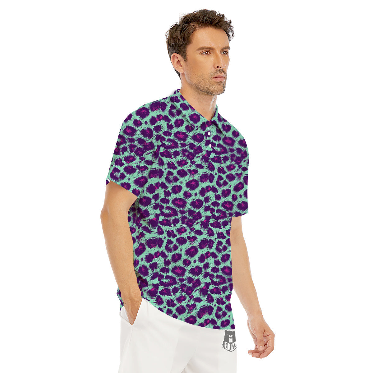Purple And Blue Neon Leopard Print Men's Golf Shirts-grizzshop