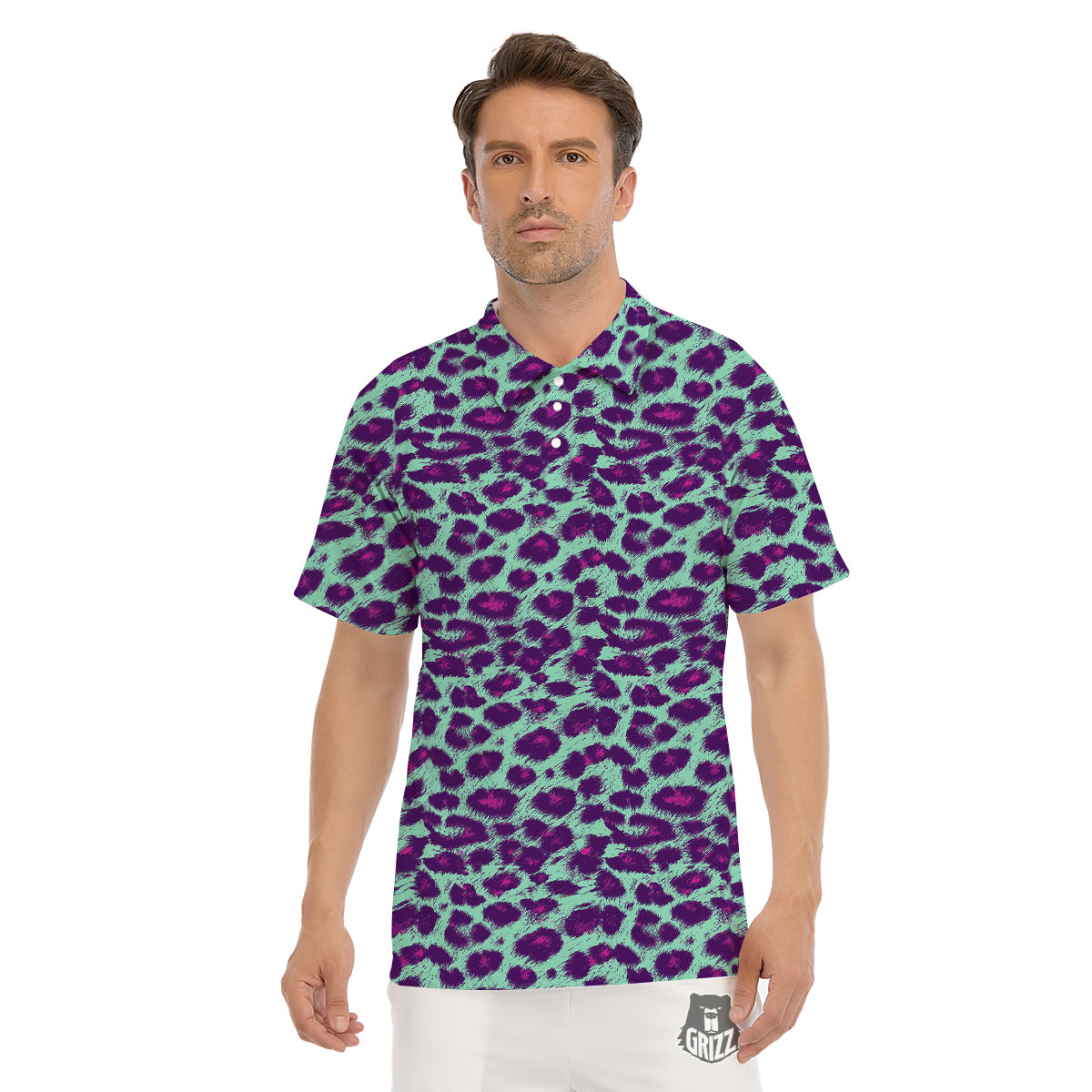 Purple And Blue Neon Leopard Print Men's Golf Shirts-grizzshop