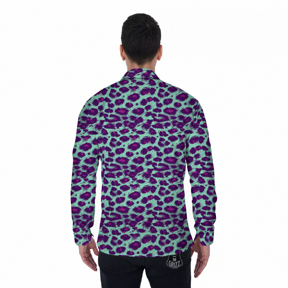 Purple And Blue Neon Leopard Print Men's Long Sleeve Shirts-grizzshop