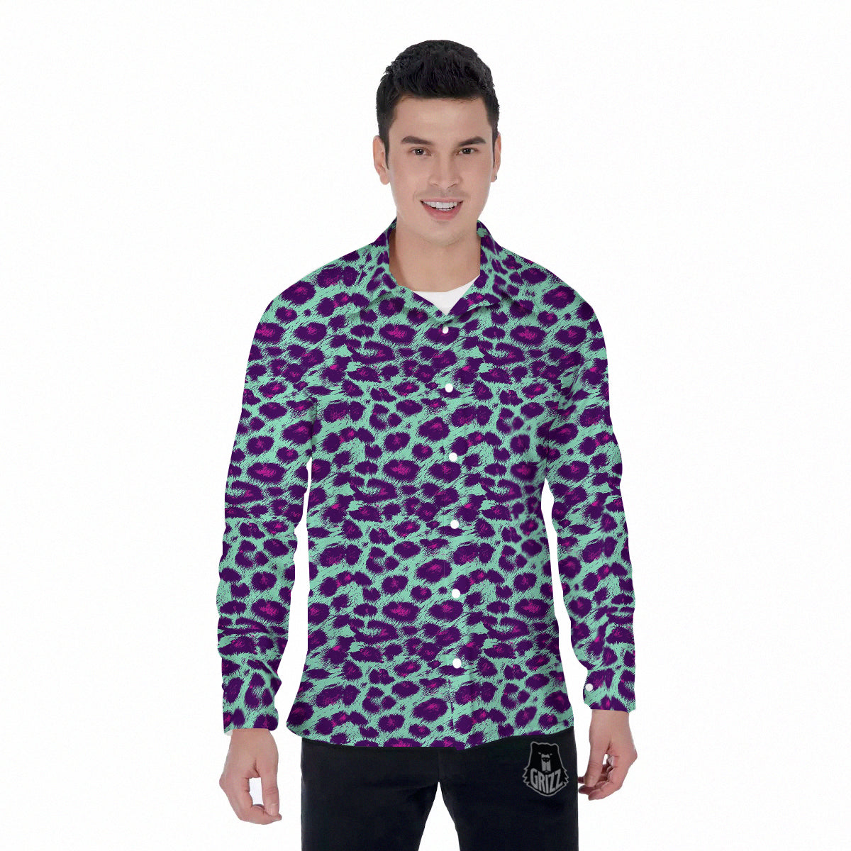 Purple And Blue Neon Leopard Print Men's Long Sleeve Shirts-grizzshop