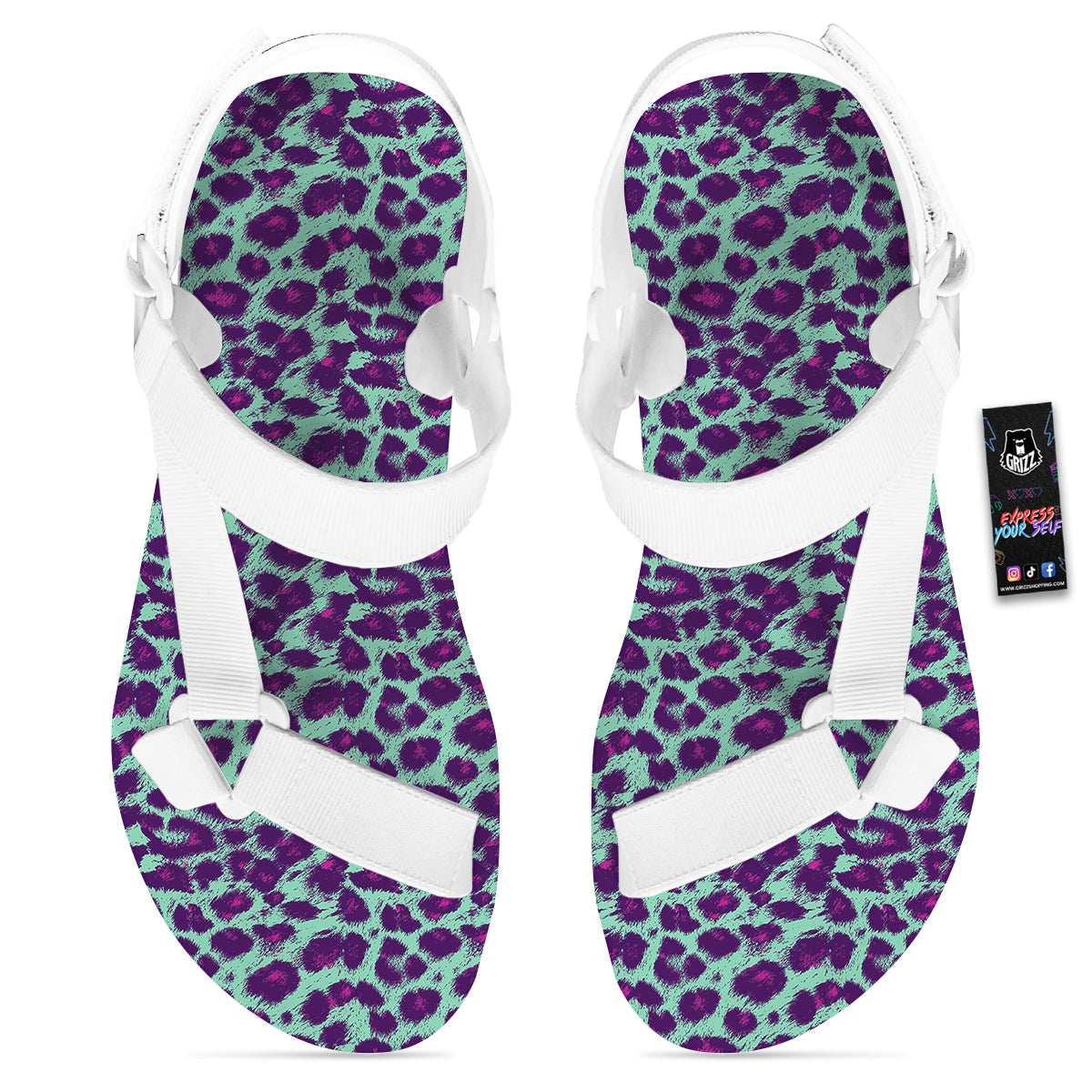 Purple And Blue Neon Leopard Print White Open Toe Sandals-grizzshop