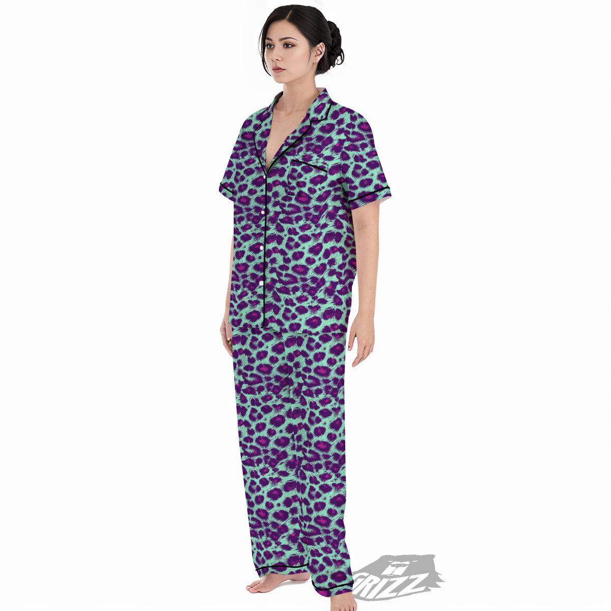 Purple And Blue Neon Leopard Print Women's Pajamas Set-grizzshop