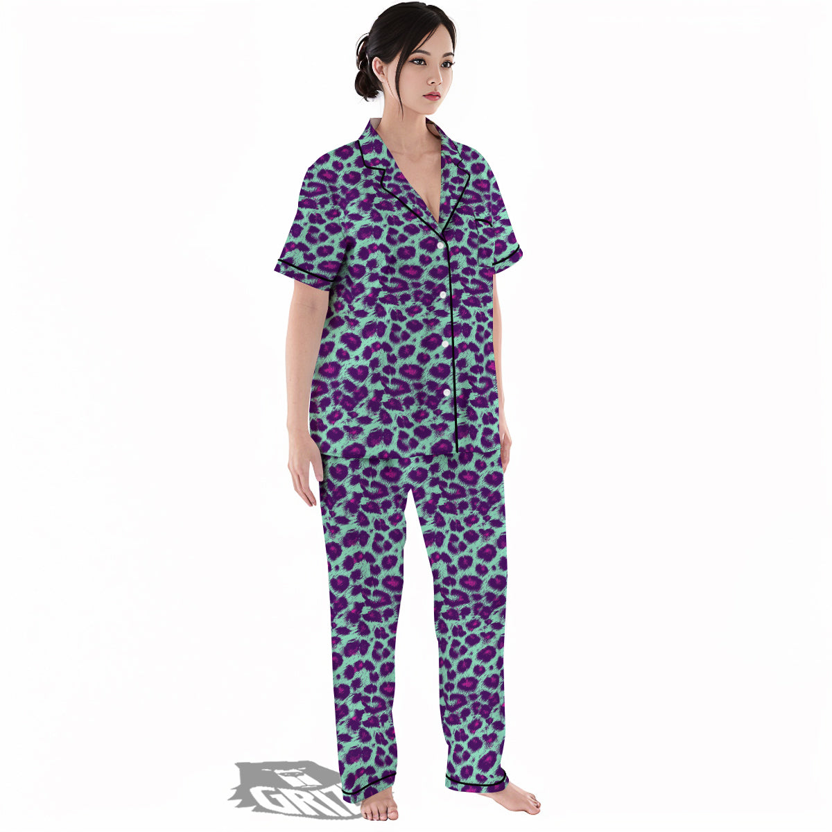 Purple And Blue Neon Leopard Print Women's Pajamas Set-grizzshop