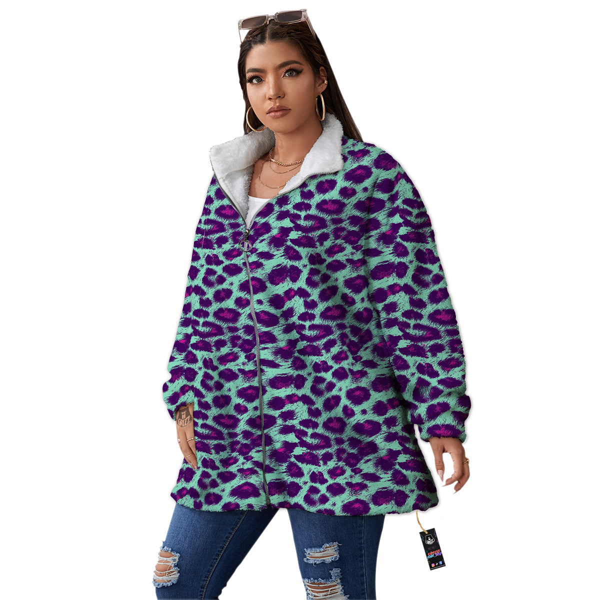 Purple And Blue Neon Leopard Print Women's Sherpa Jacket-grizzshop