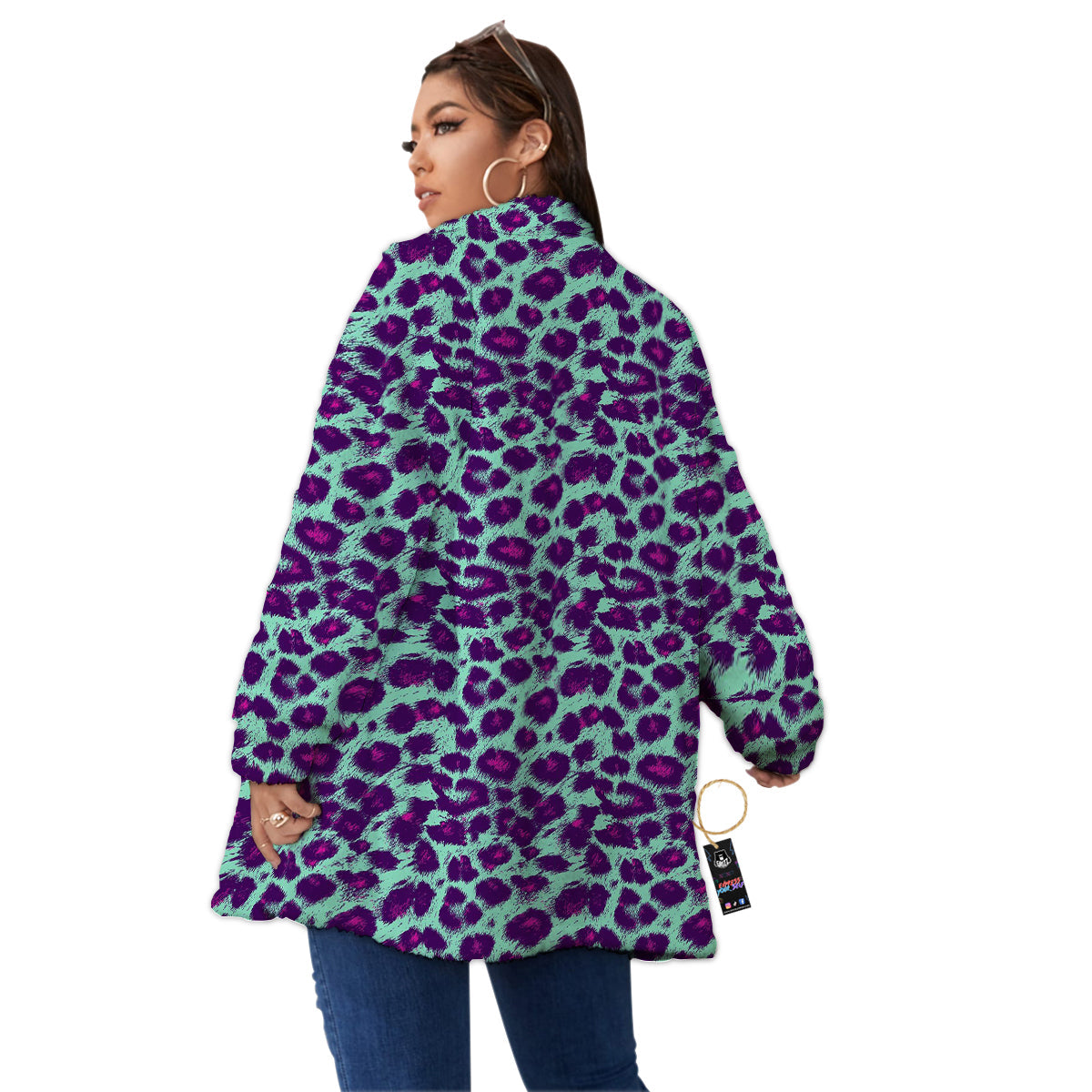 Purple And Blue Neon Leopard Print Women's Sherpa Jacket-grizzshop