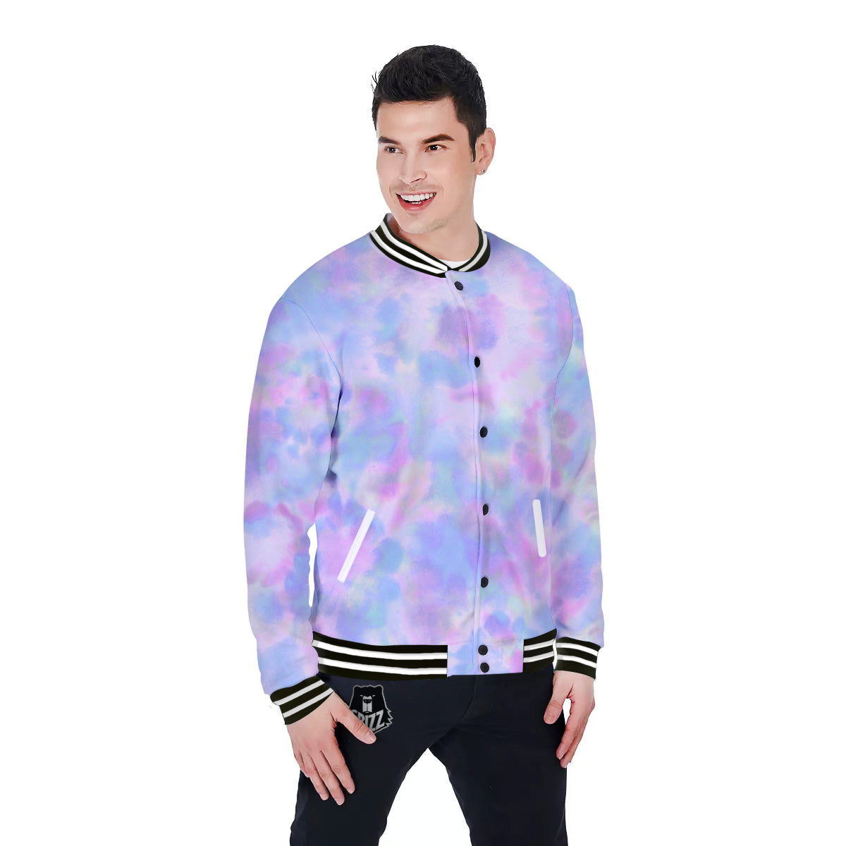 Purple And Blue Tie Dye Shibori Print Baseball Jacket-grizzshop