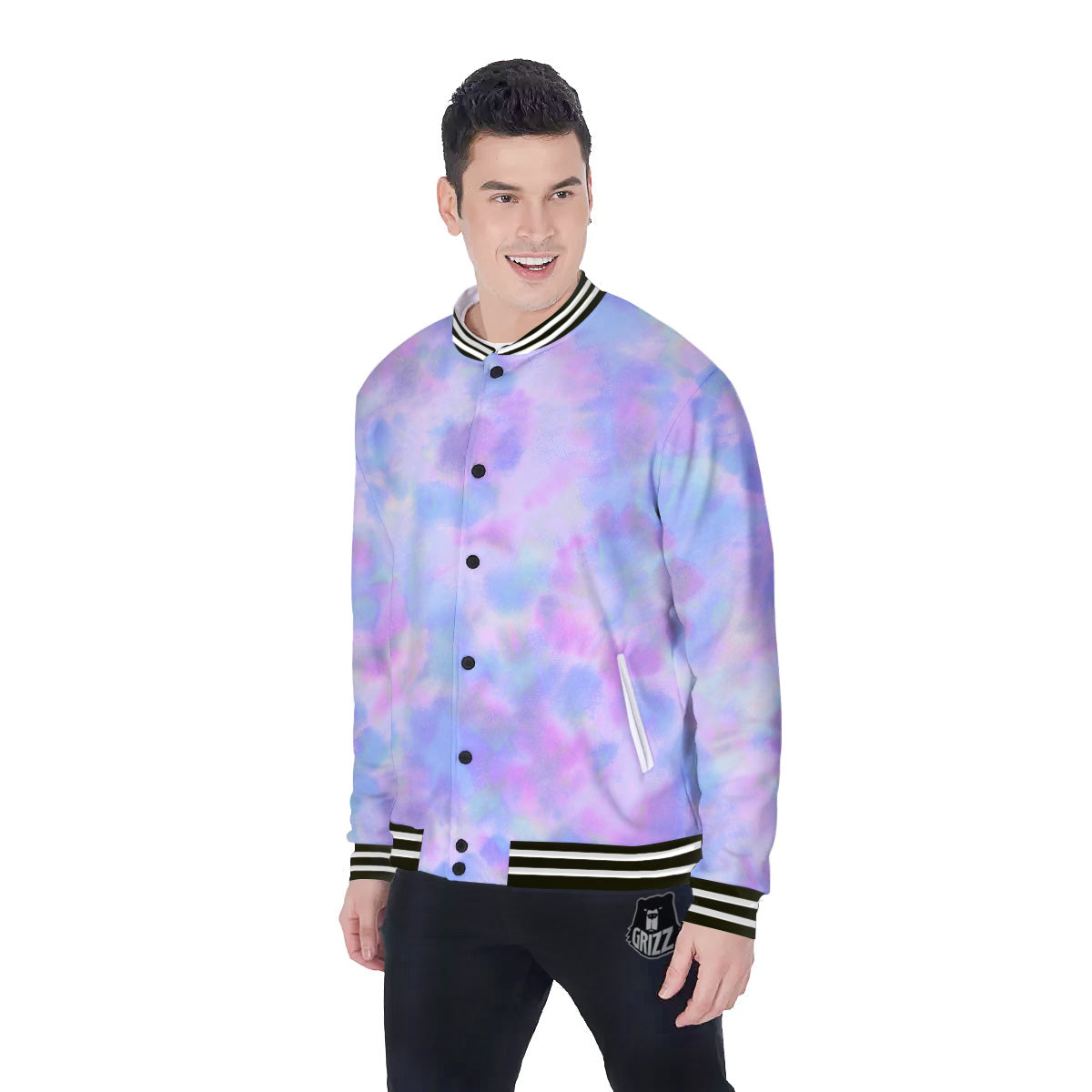 Purple And Blue Tie Dye Shibori Print Baseball Jacket-grizzshop
