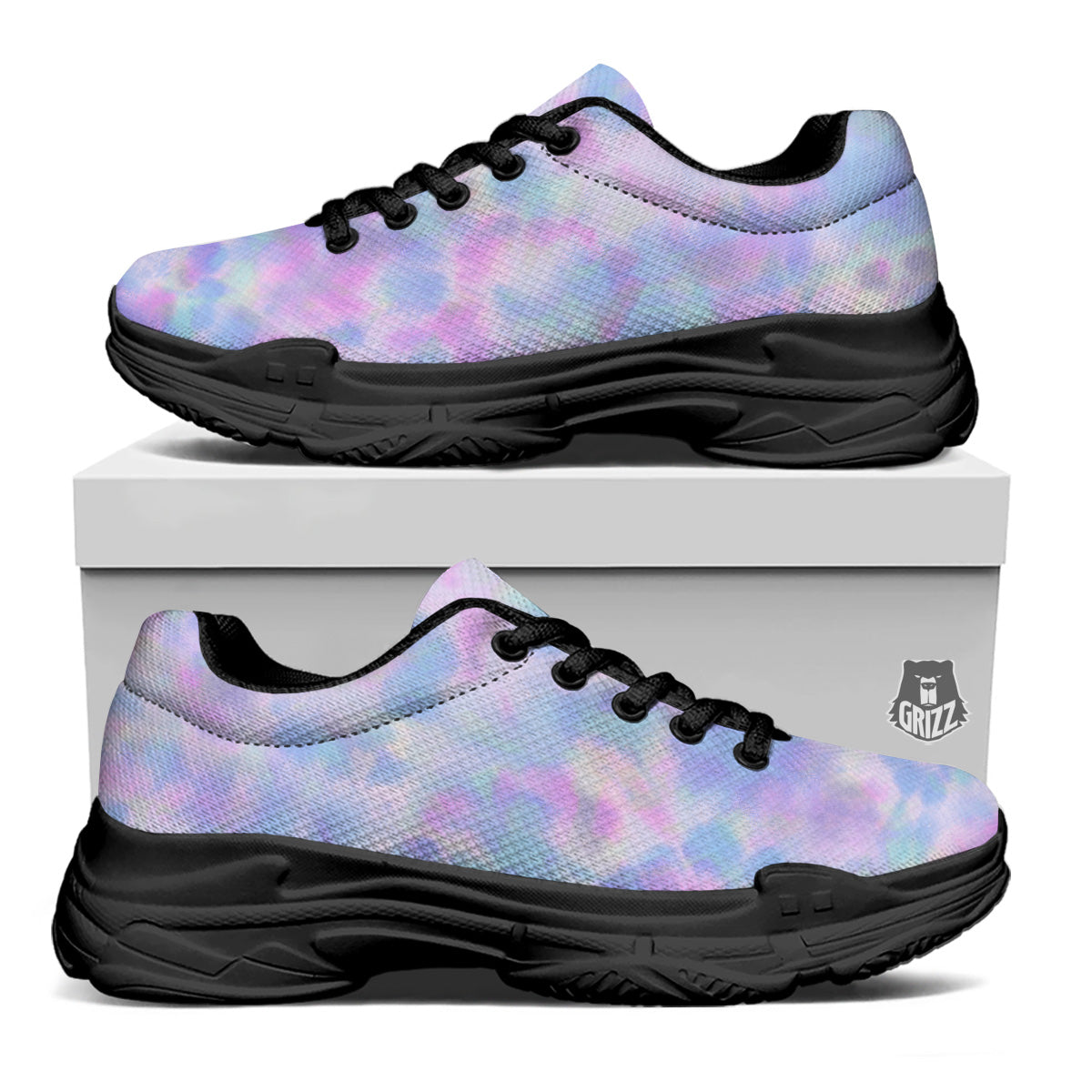 Purple And Blue Tie Dye Shibori Print Black Chunky Shoes-grizzshop