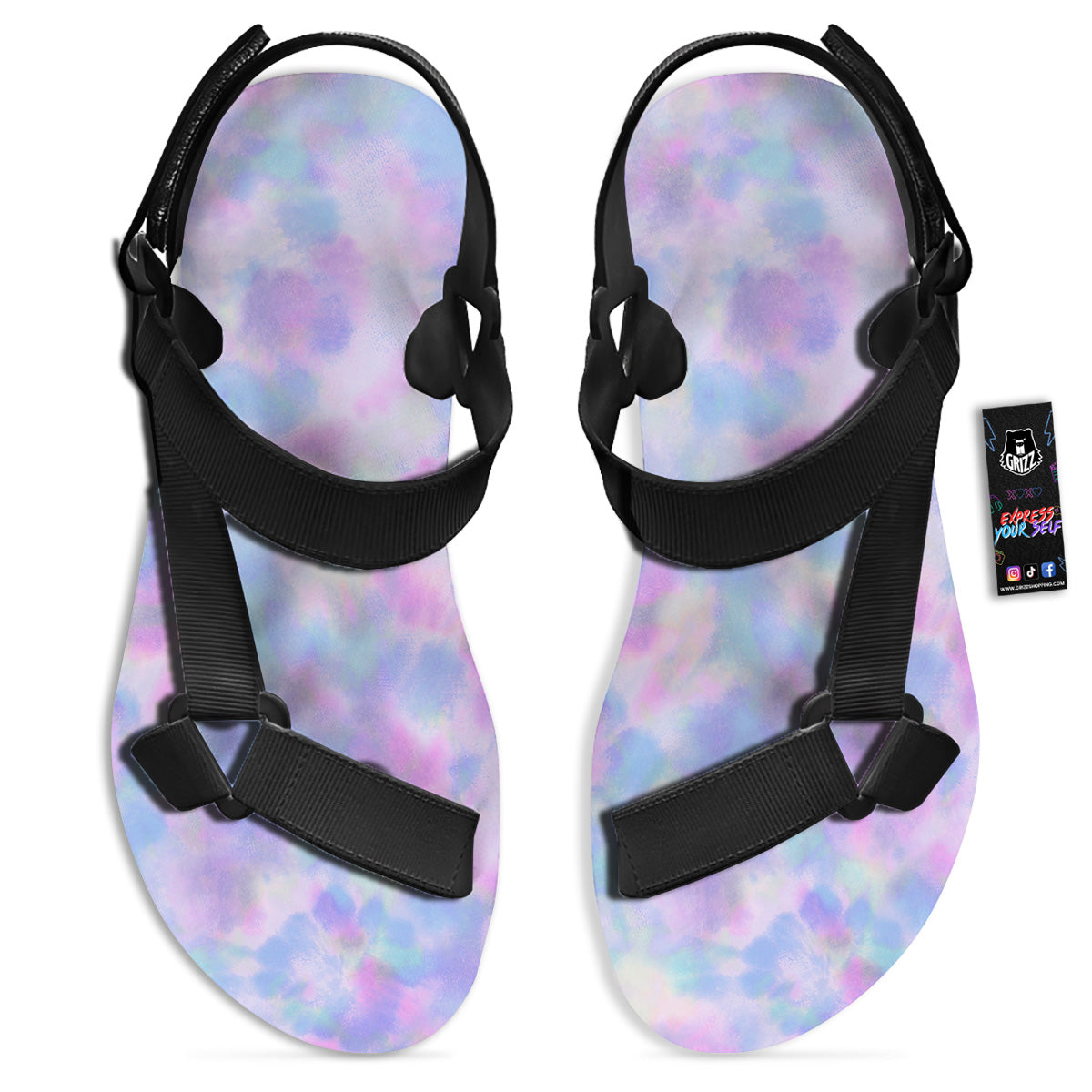 Purple And Blue Tie Dye Shibori Print Black Open Toe Sandals-grizzshop