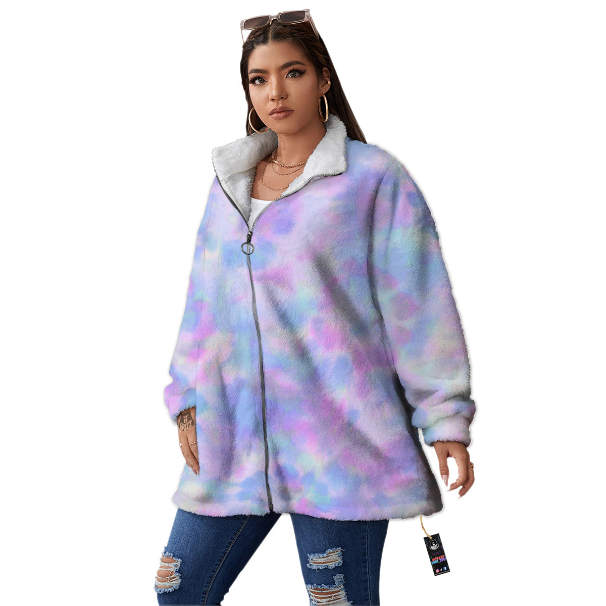 Purple And Blue Tie Dye Shibori Print Women's Sherpa Jacket-grizzshop