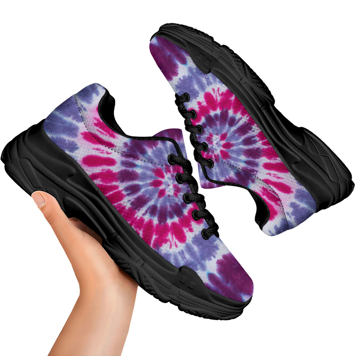 Purple And Blue Tie Dye Spiral Print Black Chunky Shoes-grizzshop