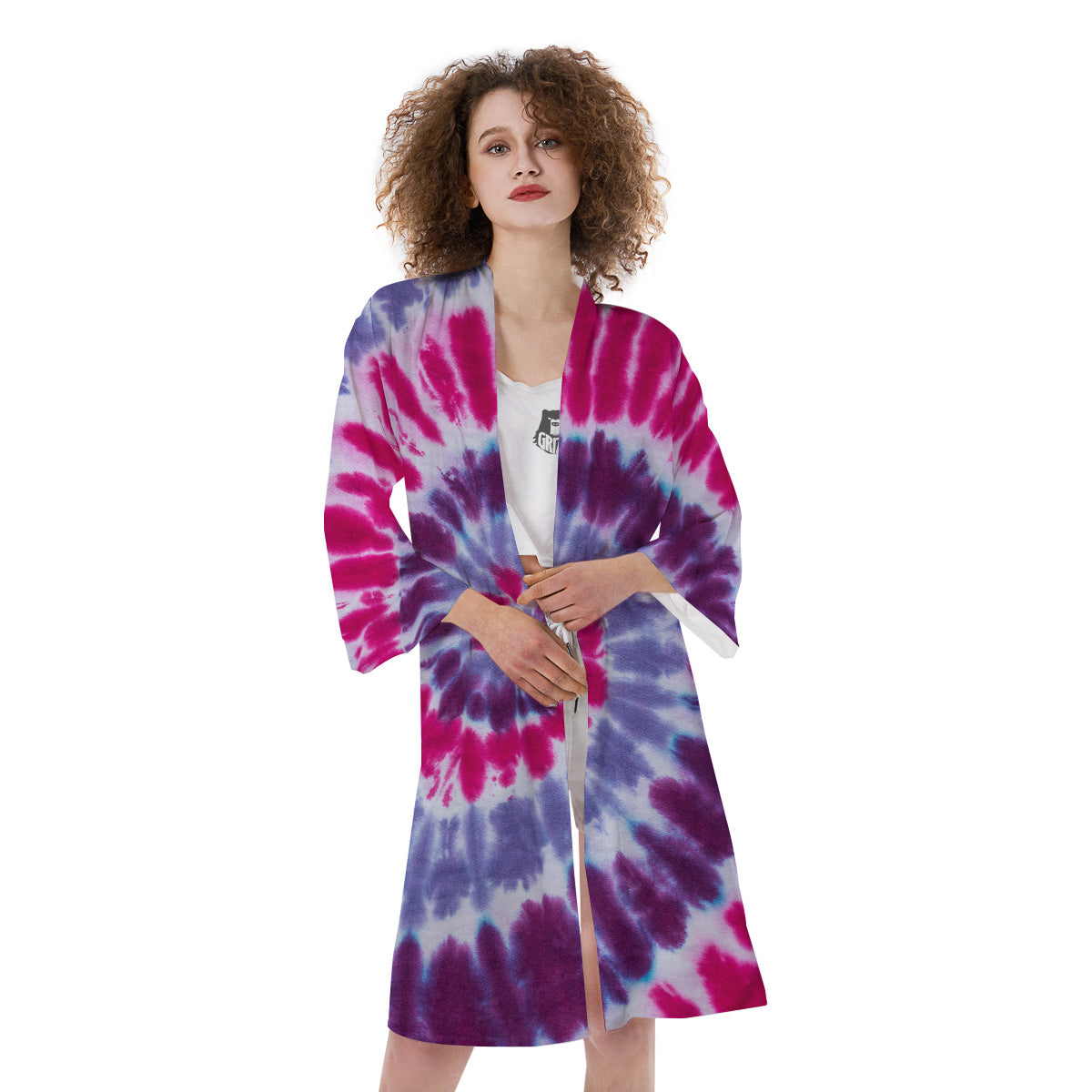 Purple And Blue Tie Dye Spiral Print Kimono-grizzshop