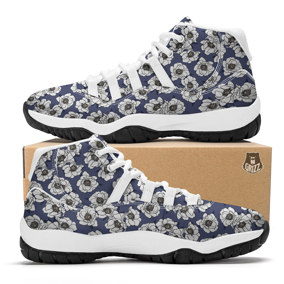 Purple And White Gardenia Print Pattern White Bball Shoes-grizzshop