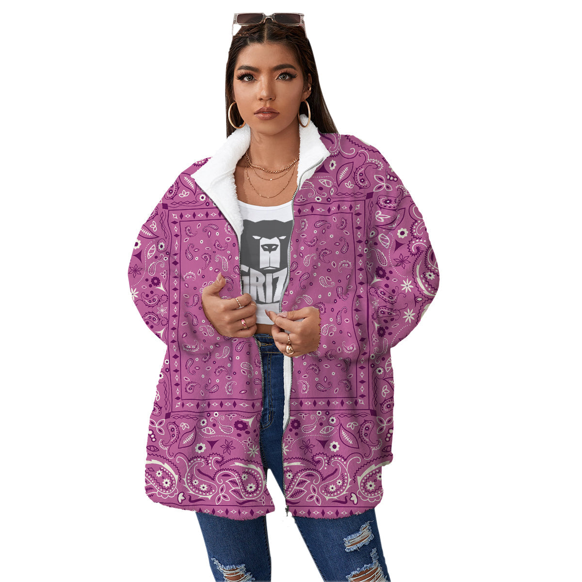 Purple Bandana Print Women's Sherpa Jacket-grizzshop