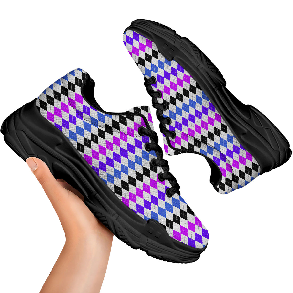 Purple Blue And Black Argyle Print Black Chunky Shoes-grizzshop