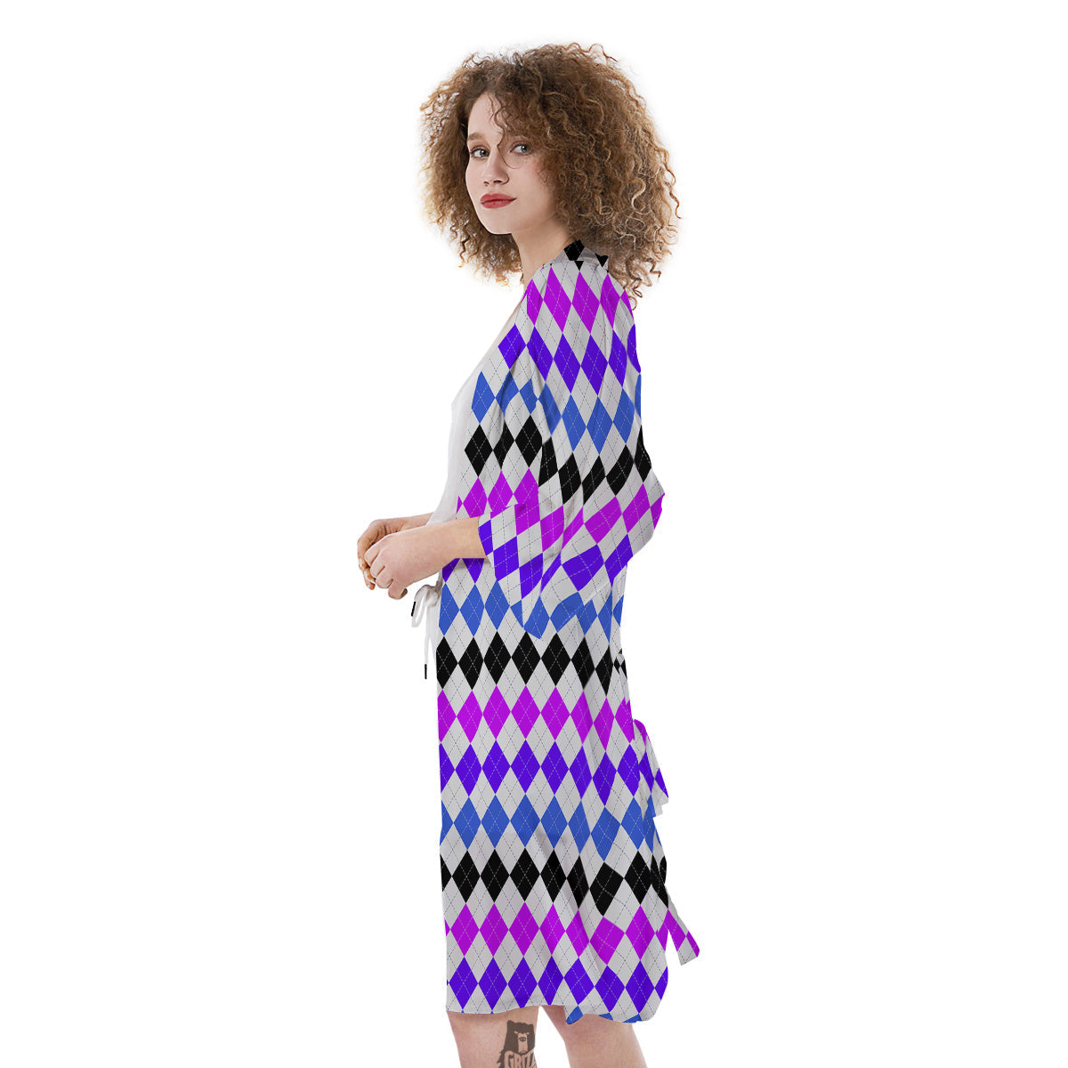 Purple Blue And Black Argyle Print Kimono-grizzshop