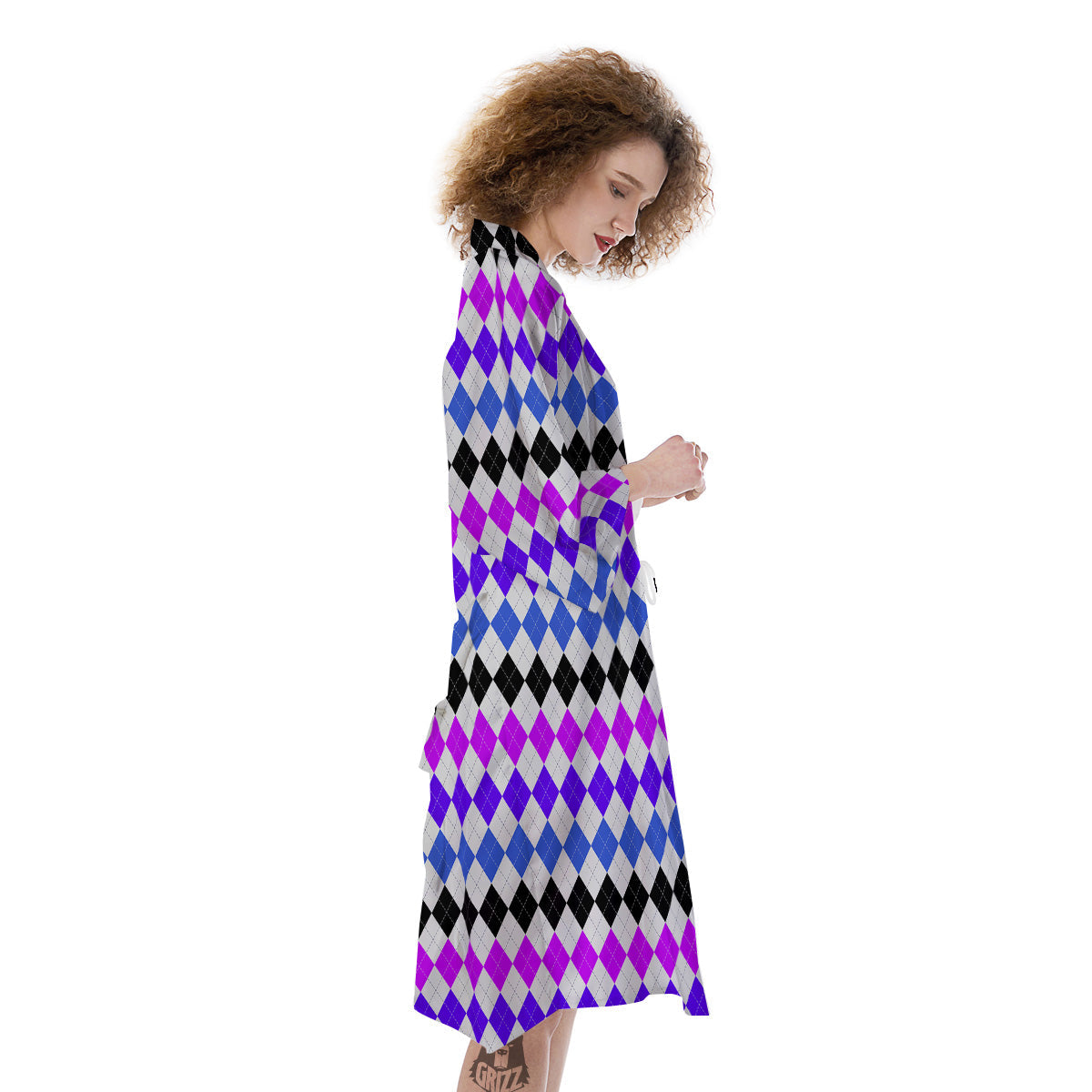 Purple Blue And Black Argyle Print Kimono-grizzshop