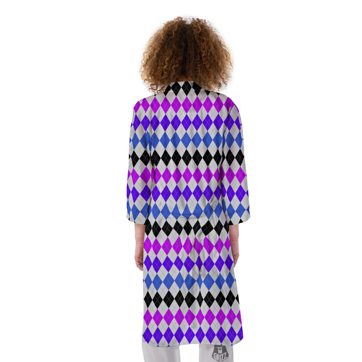 Purple Blue And Black Argyle Print Kimono-grizzshop