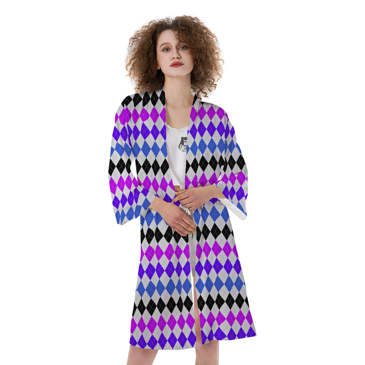 Purple Blue And Black Argyle Print Kimono-grizzshop