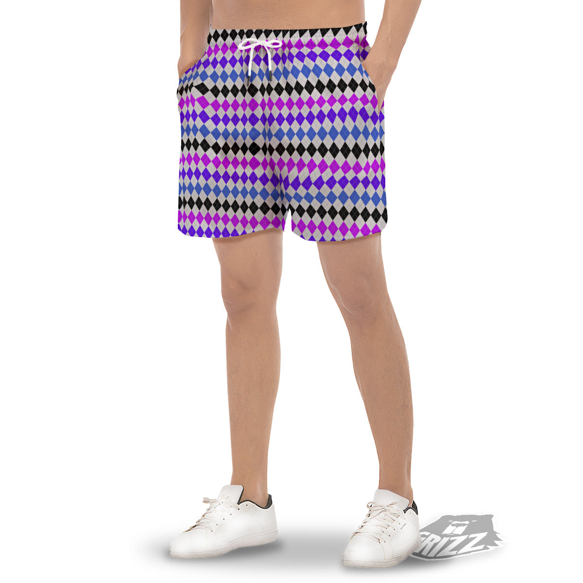 Purple Blue And Black Argyle Print Men's Gym Shorts-grizzshop